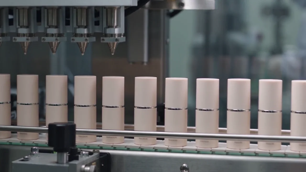 Containers arranged along a cosmetics production process