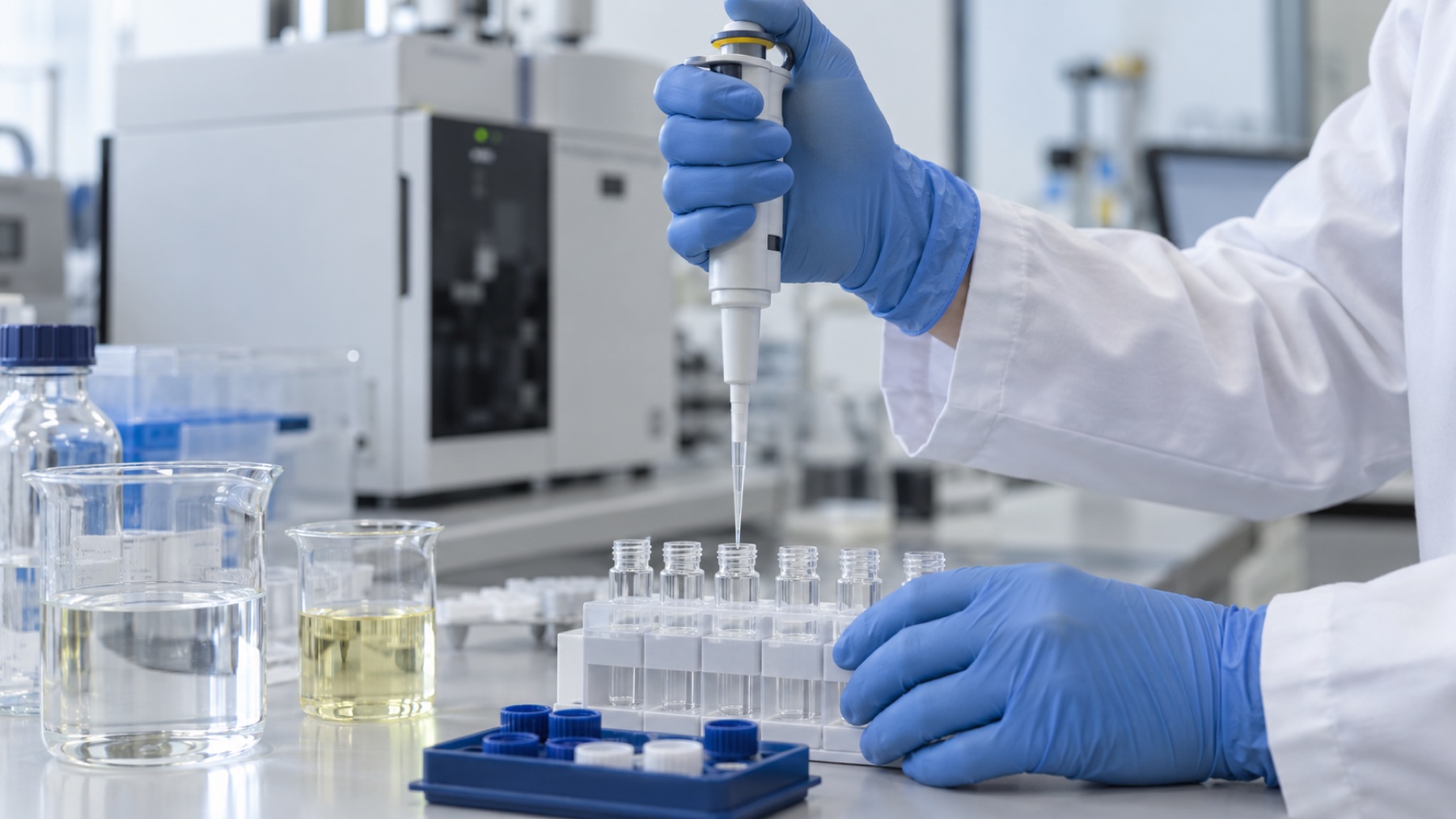 AI-generated scene of a researcher preparing analytical samples. Not a photograph of an actual EVAS laboratory or its equipment.