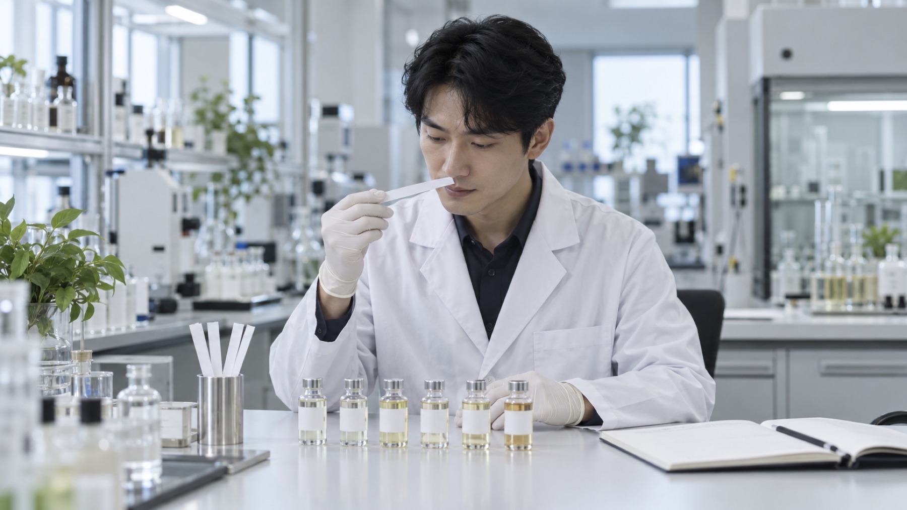 AI-generated scene of a researcher comparing fragrance samples on a smelling strip. Not a photograph of an actual EVAS laboratory.