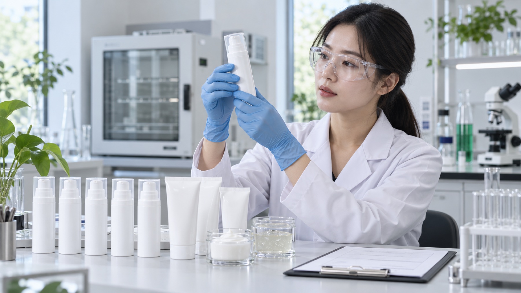 AI-generated scene of a researcher reviewing formulation and packaging samples. Not a photograph of an actual EVAS laboratory.