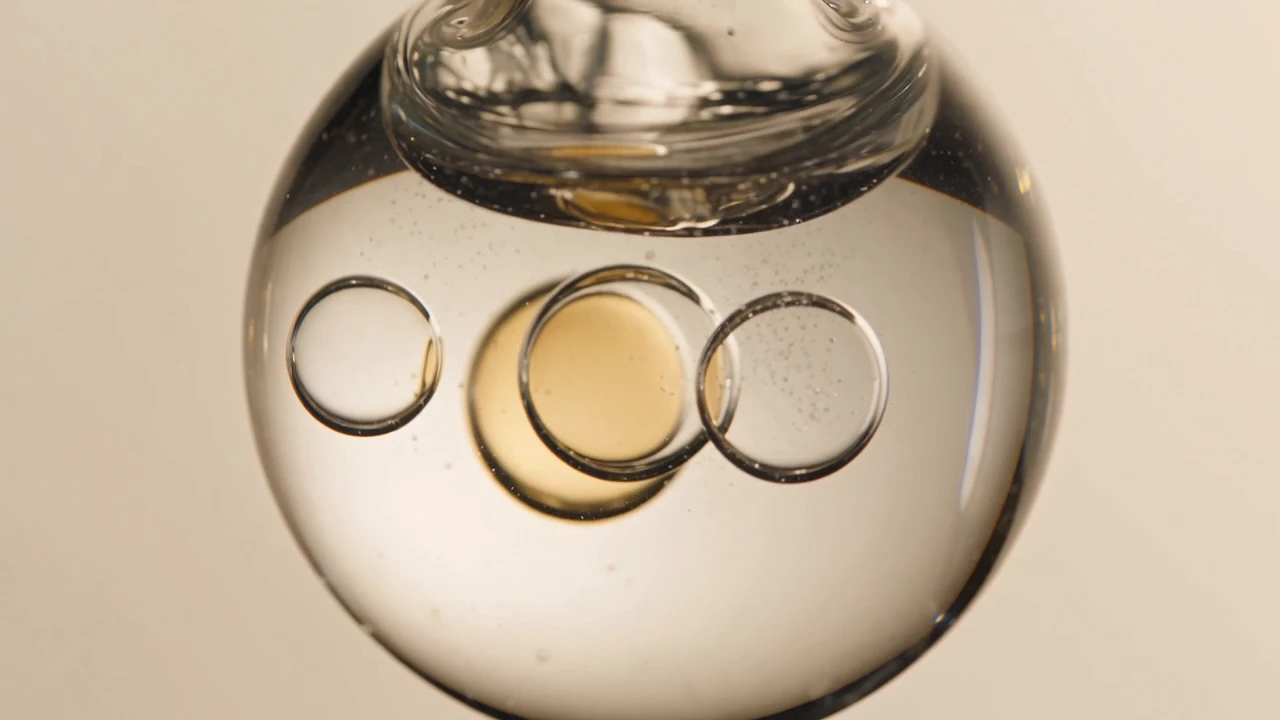 Close-up of golden liquid and bubbles in clear glass